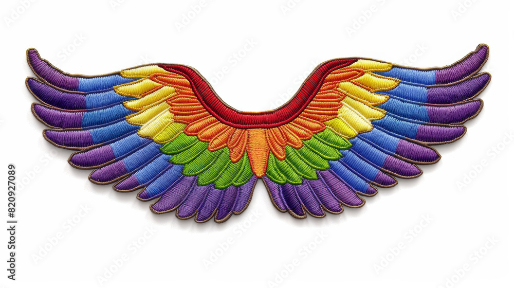 Obraz premium Embroidered Pride Badge with Vibrant Rainbow Wings and Bold Lettering on a White Background