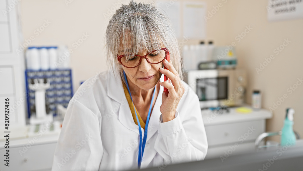 A mature woman with grey hair, wearing glasses and a lab coat, talks on the phone in a medical laboratory setting. A mature woman with grey hair, wearing glasses and a lab coat, talks on the phone in a medical laboratory setting.