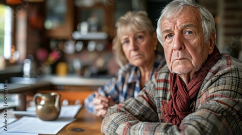 The elderly couple sat with a thoughtful expression, surrounded by papers, contemplating life insurance and their home