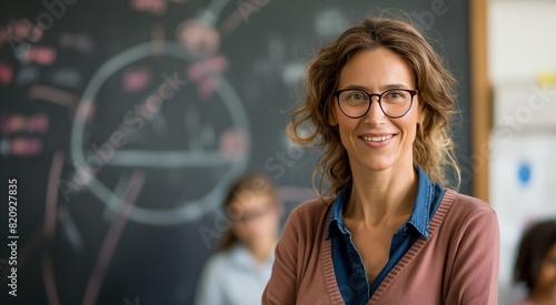 Smiling teacher with glasses in classroom, students in the blurry background, chalkboard behind her.