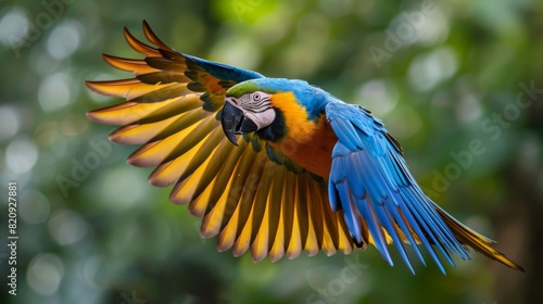 A colorful macaw parrot is captured mid-flight with its wings spread against a leafy green backdrop