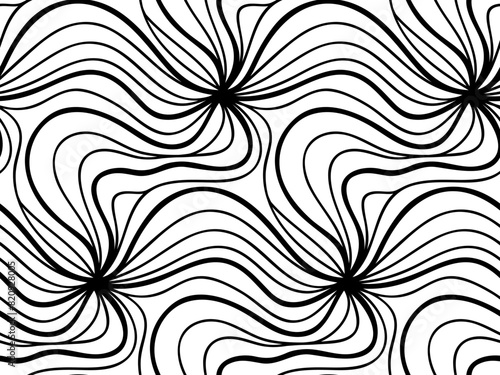 Abstract vector seamless floral background of doodle hand drawn lines. Monochrome wave pattern. Coloring book page. Black white wallpaper.