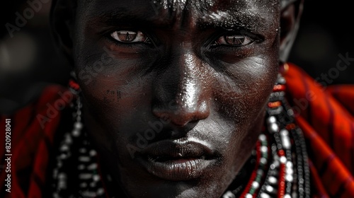 Striking portrait of an African man adorned with cultural beads and detailed body paint