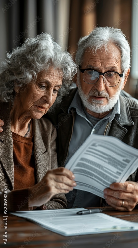 In a cozy living room with lamp light, an elderly couple relaxes while reviewing a life insurance policy together In a cozy living room with lamp light, an elderly couple relaxes while reviewing a life insurance policy together