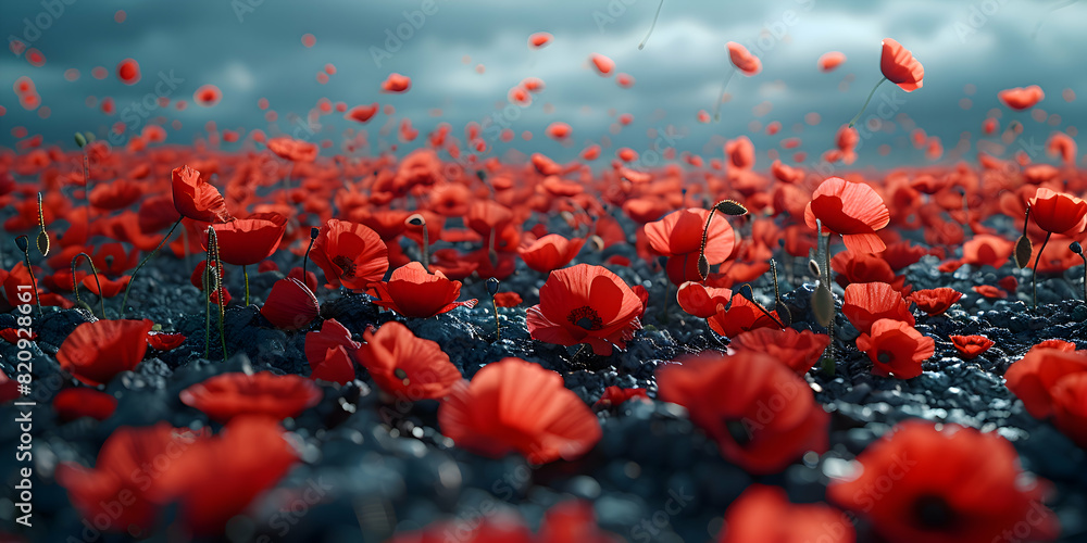 Obraz premium A panoramic view of a Memorial Day ceremony with red poppy petals falling from above, solemnity and grace of the moment, creating a moving tribute to those who have served