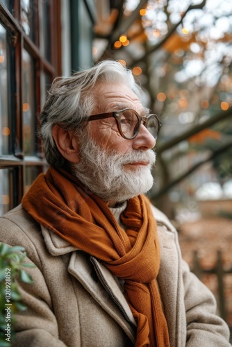 An elderly man with a pensive look considers life insurance and home, against a blank backdrop