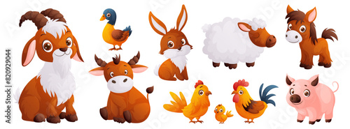 Cute cartoon pets - goat, duck, rabbit, sheep, pony, calf, rooster with hen and pig. perfect illustration for childrens books, educational projects and nursery design