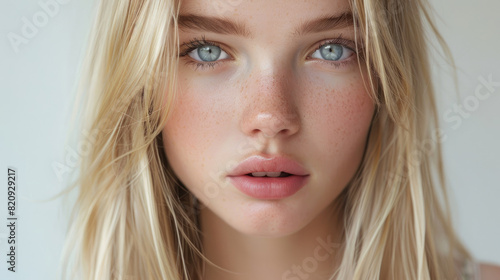 close-up face of blonde teenager with straight hair, light blue eyes, pale skin, high cheekbones and full lips model makeup facing forward isolated on white background 