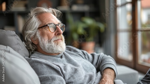 An elderly man contemplates life insurance and home with a thoughtful expression, surrounded by copy space