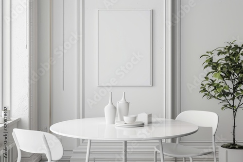 Clean lines and pure white decor define a minimalist dining area