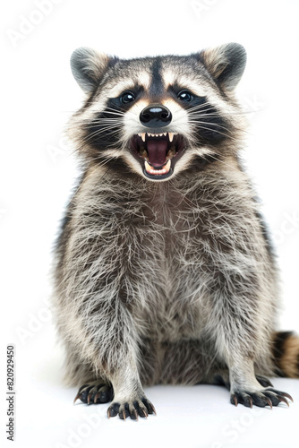 A raccoon grinning widely, showing teeth, isolated on a white background