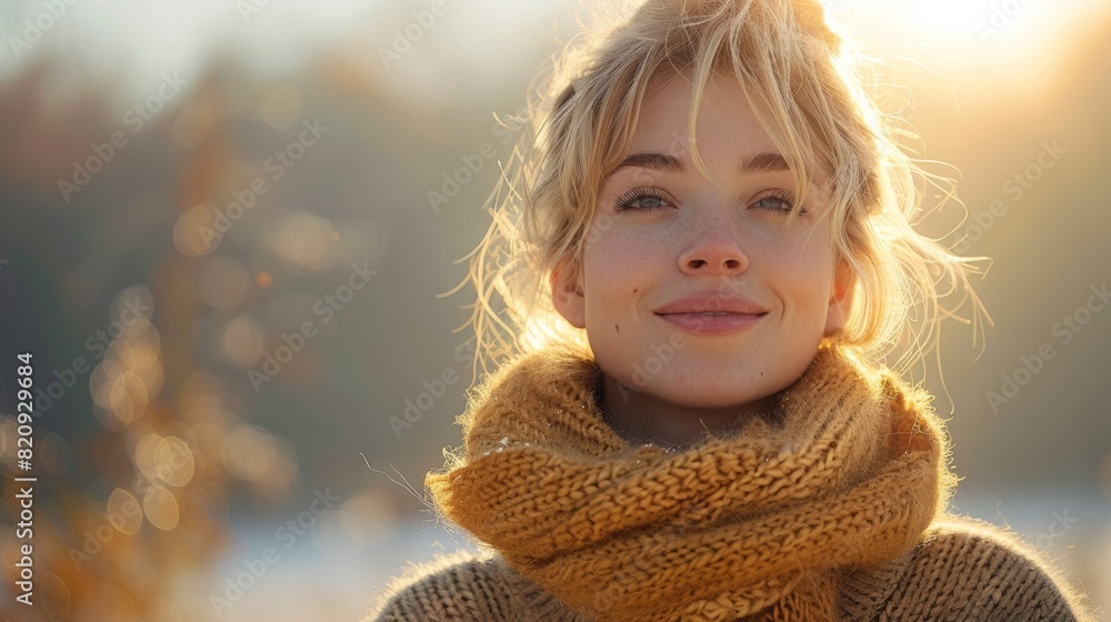 Smiling Woman Enjoying a Crisp Autumn Morning in Warm Scarf with Sunlit Background Smiling Woman Enjoying a Crisp Autumn Morning in Warm Scarf with Sunlit Background