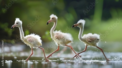 Funny baby flamingos wobbling on their long legs, their awkward attempts at balance bringing smiles to onlookers.