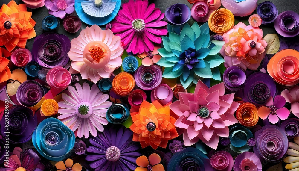 Colorful paper flowers with layered petals in pink, purple, blue, and orange. Artistic and lively design celebrating creativity. Colorful paper flowers with layered petals in pink, purple, blue, and orange. Artistic and lively design celebrating creativity.