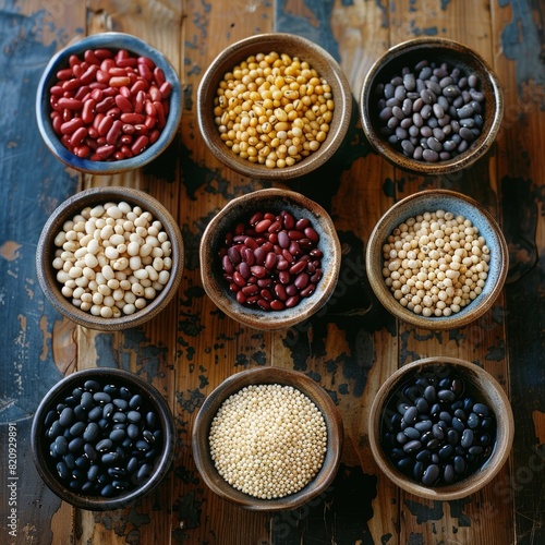 Assorted Variety of Beans and Legumes in Bowls on Wooden Table