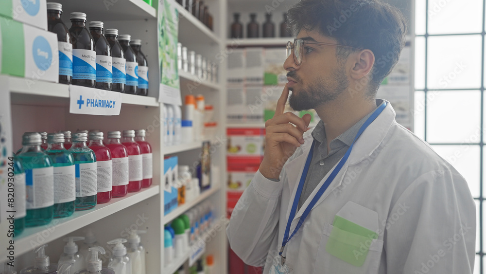 Thoughtful man contemplating products in a well-organized indoor pharmacy Thoughtful man contemplating products in a well-organized indoor pharmacy