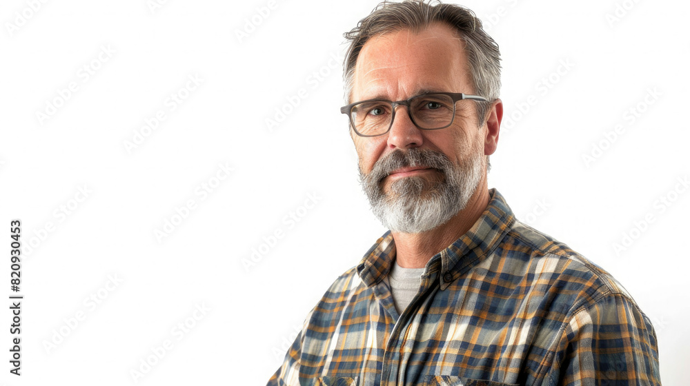 bearded business owner middle aged man wearing checkered shirt with arms crossed isolated on white background bearded business owner middle aged man wearing checkered shirt with arms crossed isolated on white background