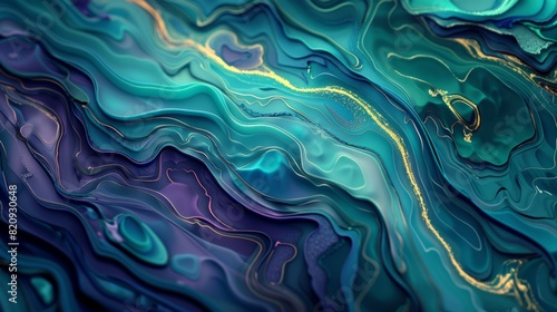 An abstract watercolor painting, random mix of dark blues, greens, and reds, with striking glowing gold lines forming a topographical map effect. Modern, disturbingly fluid abstract background. photo