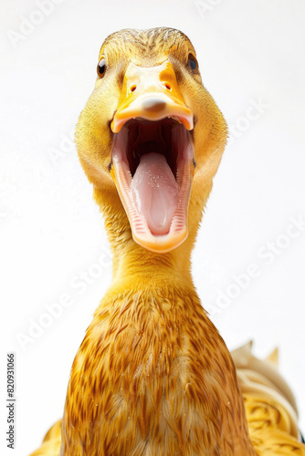 A duck with its beak open  appearing to laugh  isolated on a white background