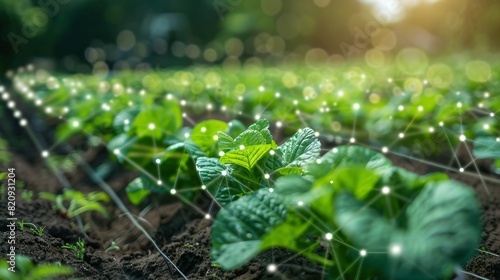 Smart agriculture concept: Close-up of a field with green plants connected by digital technology for precision farming under sunlight.