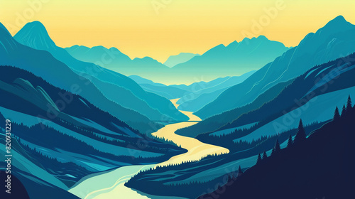 Develop a vector illustration of a river winding through mountains, capturing the essence of natural landscapes with layered graphics.