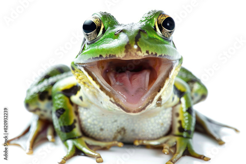 A frog with its mouth wide open  looking surprised  isolated on a white background