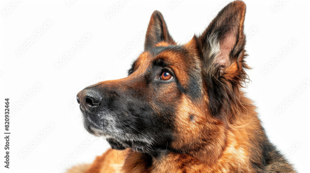 Close-up portrait view of German Shepherd dog head from side view isolated on white background Close-up portrait view of German Shepherd dog head from side view isolated on white background