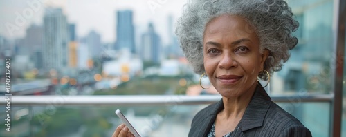 A mature woman is contemplating life insurance options on a balcony, holding a tablet with a thoughtful expression, while gazing at the city view