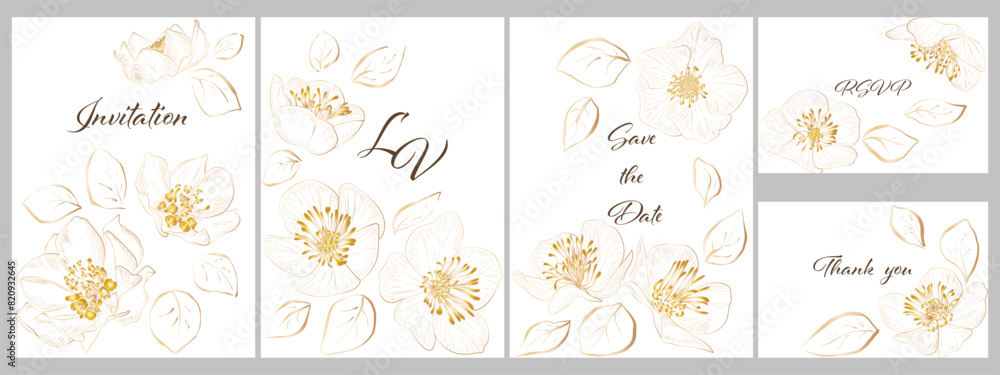 Wedding invitation with gold flowers. Vector illustration.