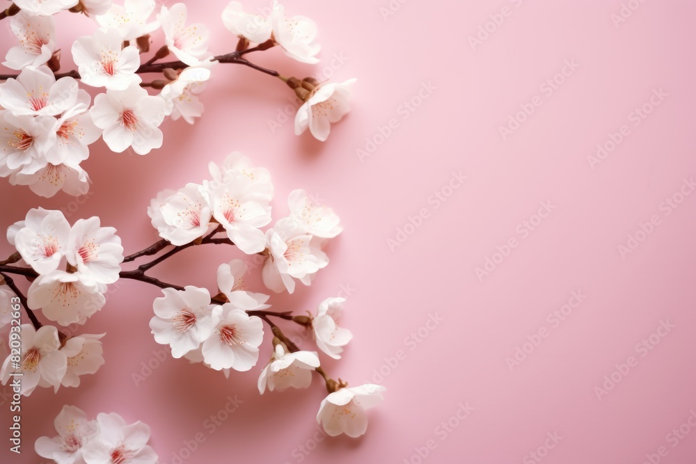 white cherry blossoms against a pink background with top view of the ground