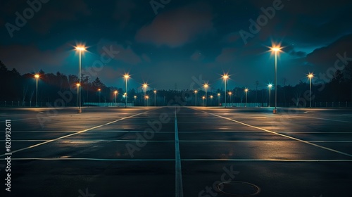 Empty parking lot under night sky illuminated by streetlights.