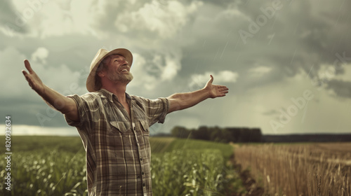 An elderly farmer in a straw hat raises his hands to the sky - the long-awaited rain has finally begun. A man stands in a field and smiles photo