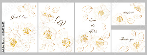 Wedding invitation with gold flowers. Vector illustration.