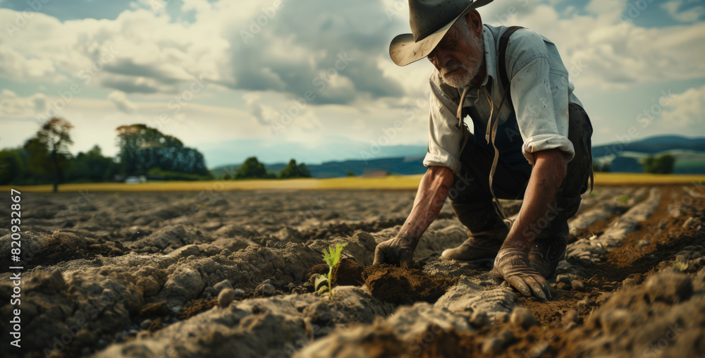 Fototapeta premium A sad farmer checks the crops. Crop failure on dry land in drought. A man in a cowboy hat is sowing seeds in a field