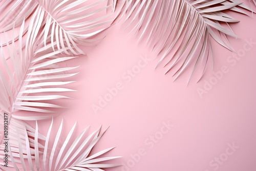 palm leaves on a pink background with space behind, in the style of soft pastels, sculptural paper constructions, soft, romantic scenes, innovative page design. photo