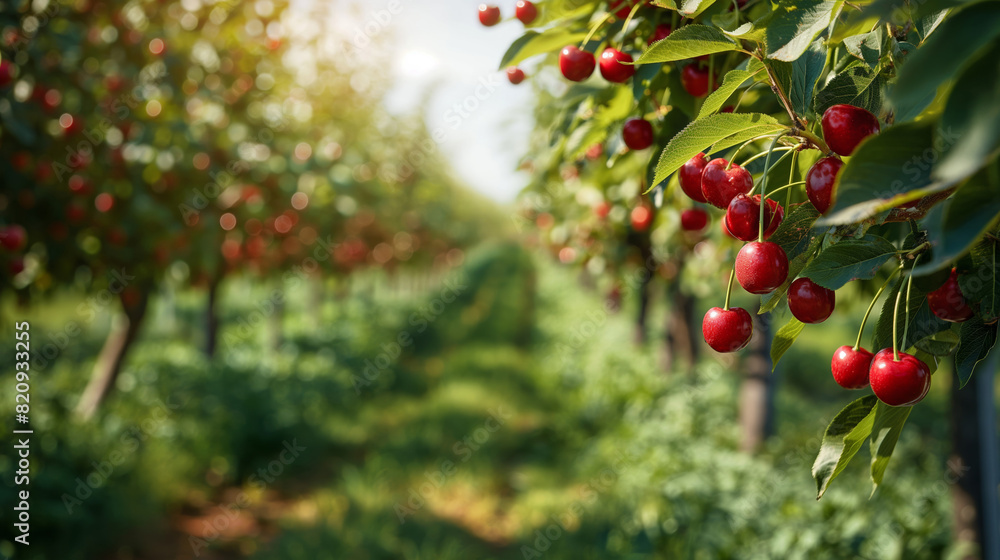 Orchard in Summer Featuring Rows of Cherry Trees Laden with Ripe Red Cherries Orchard in Summer Featuring Rows of Cherry Trees Laden with Ripe Red Cherries