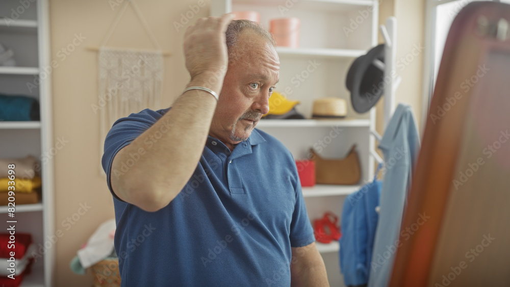Middle-aged bald man adjusting his hair in a mirror within a well-organized wardrobe room. Middle-aged bald man adjusting his hair in a mirror within a well-organized wardrobe room.