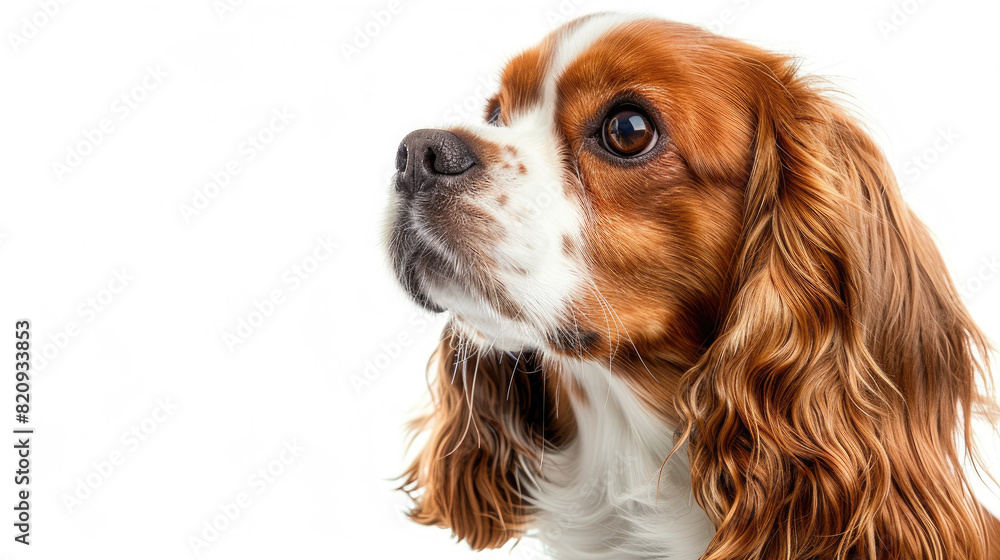 Close-up portrait view of brown Cavalier King Charles Spaniel dog head from side view isolated on white background created with Generative AI Technology
