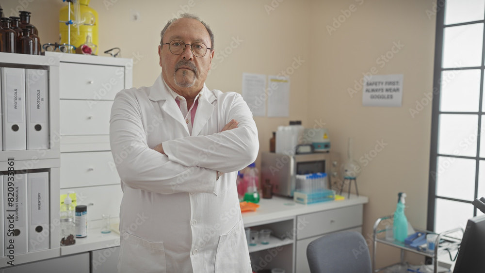 Naklejka premium Confident mature man in lab coat standing with arms crossed in a well-equipped laboratory setting