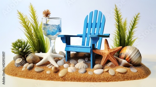 Miniature beach scene with a blue chair, seashells, starfish, and a glass of ice water, surrounded by seaweed and sand. photo