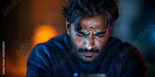 An Indian man looks upset while reading a scam message on his phone. Concept Portrait Photography, Emotional Expression, Scam Message, Technology, Indian Culture