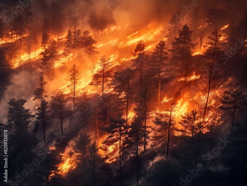 A forest fire is raging through a wooded area, with trees and brush burning in the distance. The sky is hazy and the air is thick with smoke. The scene is chaotic and dangerous