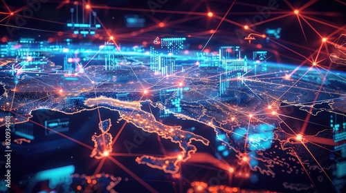 Efficient international logistics network showing trade hubs and partner links, vibrant digital interface, futuristic global map, hightech visuals