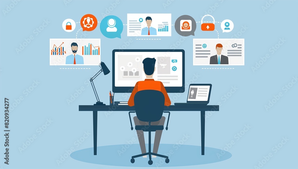 A man is sitting at a desk with a computer monitor and a laptop generated by AI A man is sitting at a desk with a computer monitor and a laptop generated by AI
