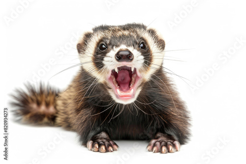 A ferret with its mouth open, appearing to chuckle, isolated on a white background