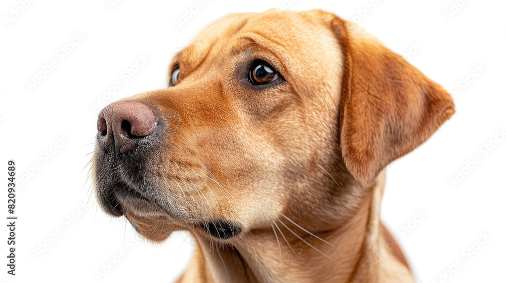 Close-up portrait view of brown Labrador Retriever dog head from side view isolated on white background Close-up portrait view of brown Labrador Retriever dog head from side view isolated on white background