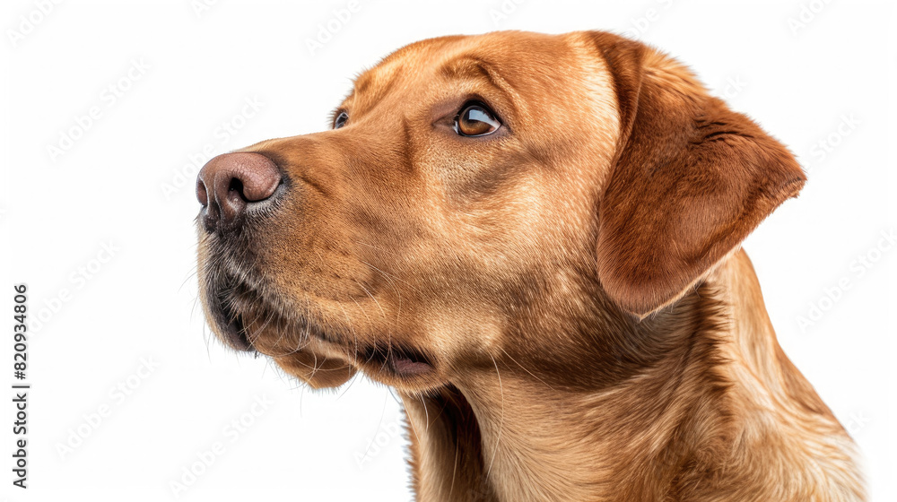 Close-up portrait view of brown Labrador Retriever dog head from side view isolated on white background Close-up portrait view of brown Labrador Retriever dog head from side view isolated on white background