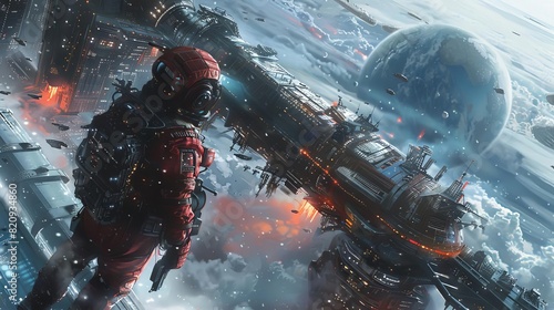 Fototapeta Naklejka Na Ścianę i Meble -  A dramatic encounter between a space pirate and an intergalactic law enforcer on a space station,