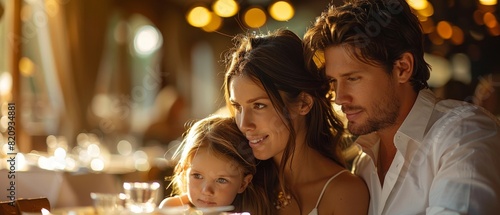 A young family discussing life insurance over breakfast in the kitchen, bathed in morning light, with copy space