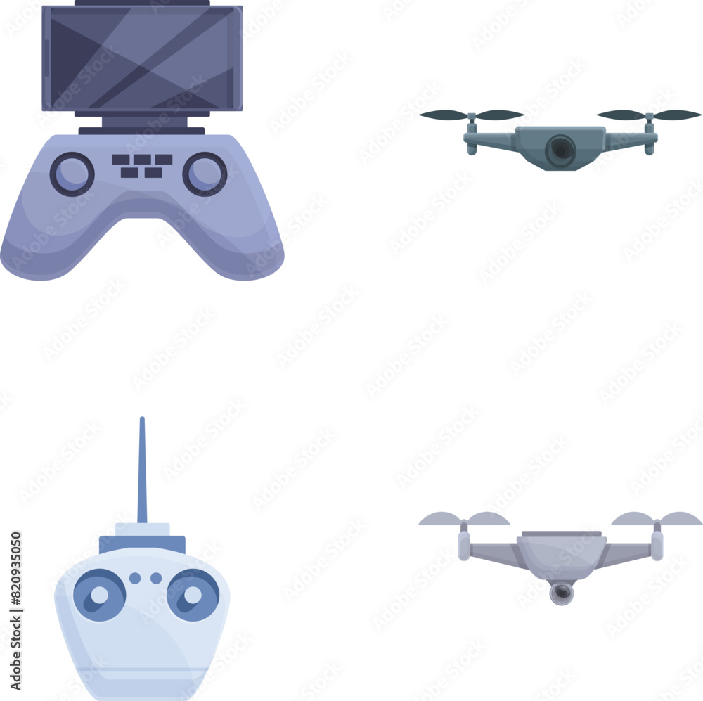 Electronic quadcopter icons set cartoon vector. Drone with integrated camera. Aerial videography Electronic quadcopter icons set cartoon vector. Drone with integrated camera. Aerial videography